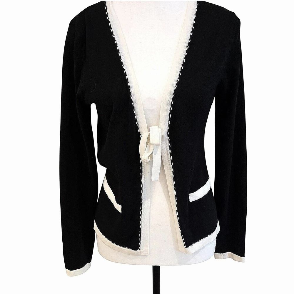VTG Y2K Componix Tie Front Cardigan Womens S Black White Knit Hong Kong